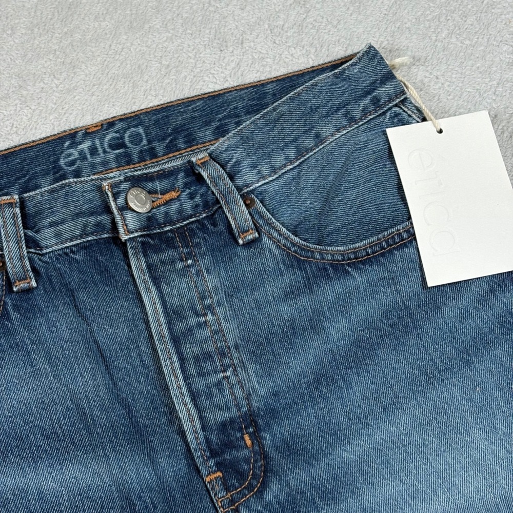 Etica Tyler Straight Crop Jeans Cielo Blue Raw Hem Size 28